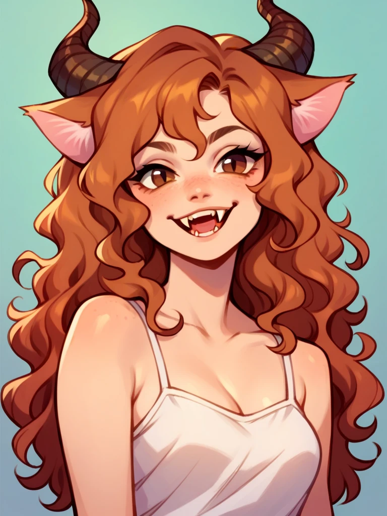 Half body, A pretty woman, long black wavy hair, Brown eyes, Casual clothes, cat ears and tail, fangs, horns, sexy