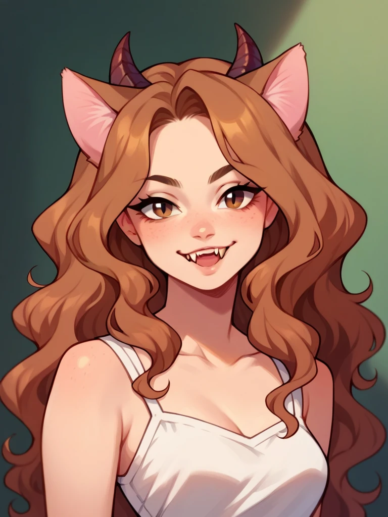 Half body, A pretty woman, long black wavy hair, Brown eyes, Casual clothes, cat ears and tail, fangs, horns, sexy