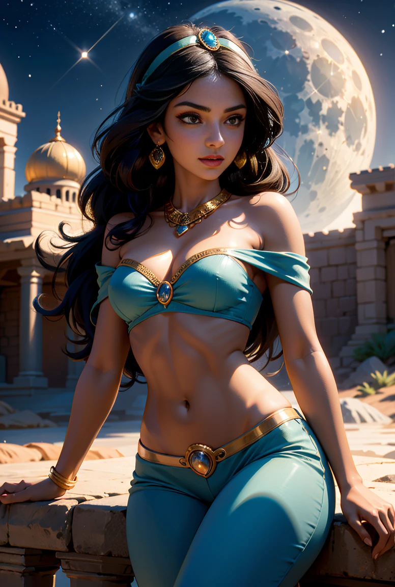 Princess Jasmine, jasmine, Disney Characters, best quality, (masterpiece:1.2), high quality, Highres, (hyper detailed), (portrait), photorealistic, 4K, ultra HD, insanely detailed and intricate, (beautiful detailed face and eyes:1.2), 1girl, solo, dark skin, brown eyes, detailed hair, long hair, parted bangs circlet, black hair, (Arabian clothes), bandeau, bare shoulders, off shoulder, crop top, cleavage, midriff, navel, pants, jewelry, earrings, necklace, high resolution, HDR, extremely detailed CG, f 2.8 lens, (beautiful detailed background), detailed landscape, (full moon), moonlight, (desert), soft shaded, light sparkles, starry sky, cloudless sky, (looking afar), sitting, (dynamic pose:1.2), smile, (cowboy shot:1.2),