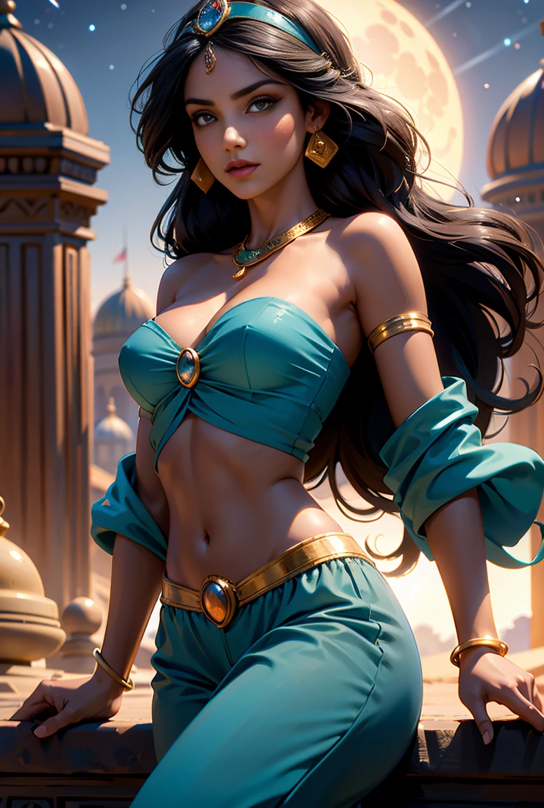 Princess Jasmine, jasmine, Disney Characters, best quality, (masterpiece:1.2), high quality, Highres, (hyper detailed), (portrait), photorealistic, 4K, ultra HD, insanely detailed and intricate, (beautiful detailed face and eyes:1.2), 1girl, solo, dark skin, brown eyes, detailed hair, long hair, parted bangs circlet, black hair, (Arabian clothes), bandeau, bare shoulders, off shoulder, crop top, cleavage, midriff, navel, pants, jewelry, earrings, necklace, high resolution, HDR, extremely detailed CG, f 2.8 lens, (beautiful detailed background), detailed landscape, (full moon), moonlight, (desert), soft shaded, light sparkles, starry sky, cloudless sky, (looking afar), sitting, (dynamic pose:1.2), smile, (cowboy shot:1.2),