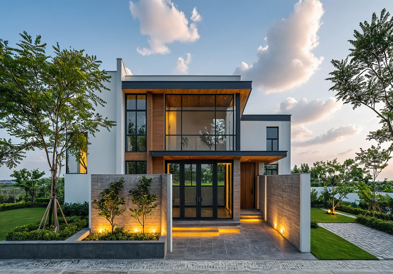 Masterpiece, high quality, best quality, authentic, super detailed, outdoor, aiaigroup, modern townhouse style, stairs, white wall combined with wood, wind encaustic tiles, iron gate, conwood ceiling, flowers, path, summer evening, grass, trees, sky, clouds, (daylight: 1.1)