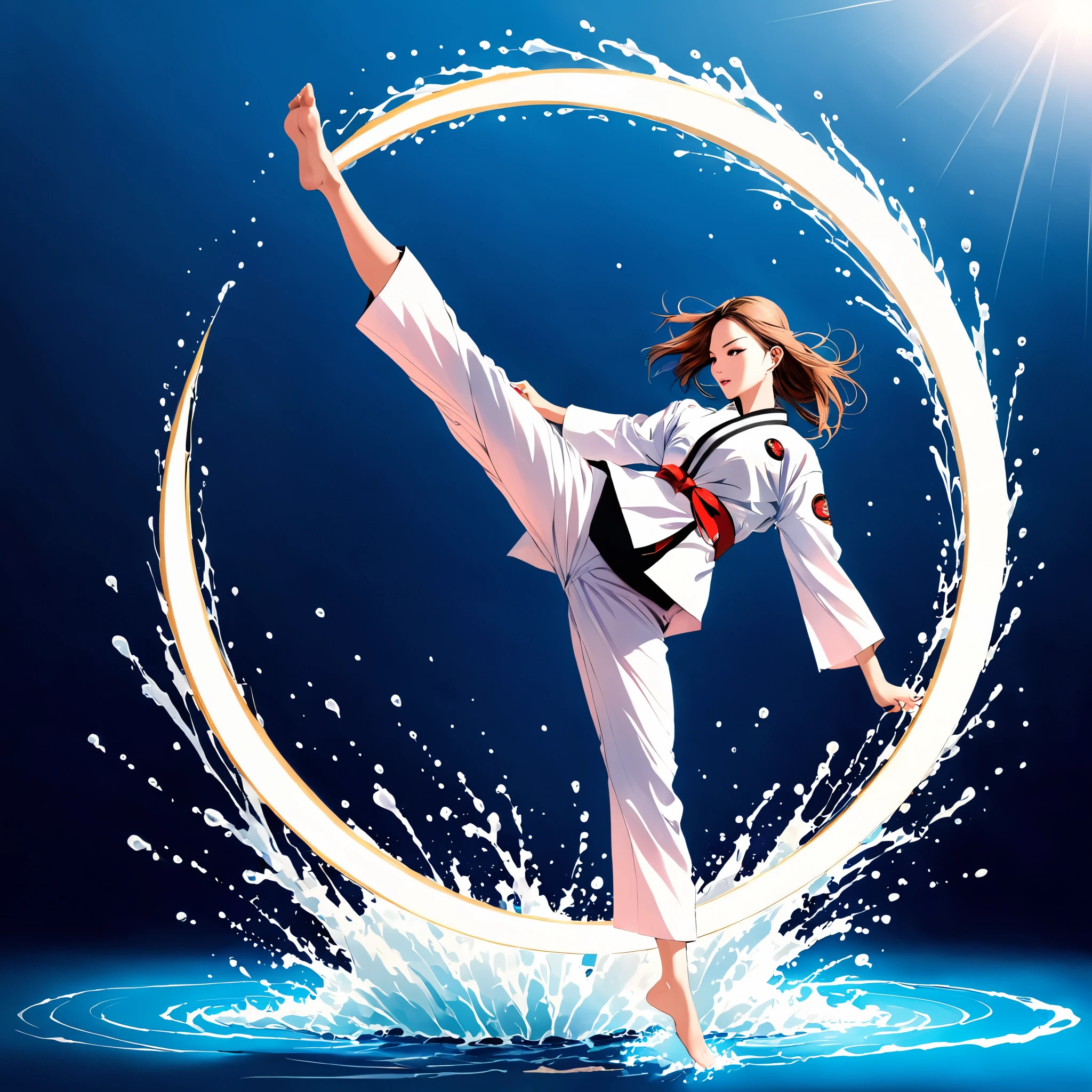 1girl,Rotating feet,Kick,Taekwondo moves,The feet draw an elegant circular arc in the air,Water splashes on the edge of a circular arc,Show the power of this kick,With a sense of speed,
