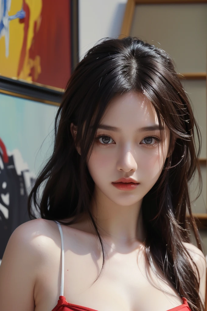 sexy model, cyberpunk style, in bikini, red theme, long hair, high contrast (Natural skin texture, Hyperrealism, Soft Light, sharp), portrait, standing, korean, (masterpiece), (painting realistic : 1.3), (ultra high resolution: 1.0 ), (((best quality, 8 thousand, masterpiece:1.4))