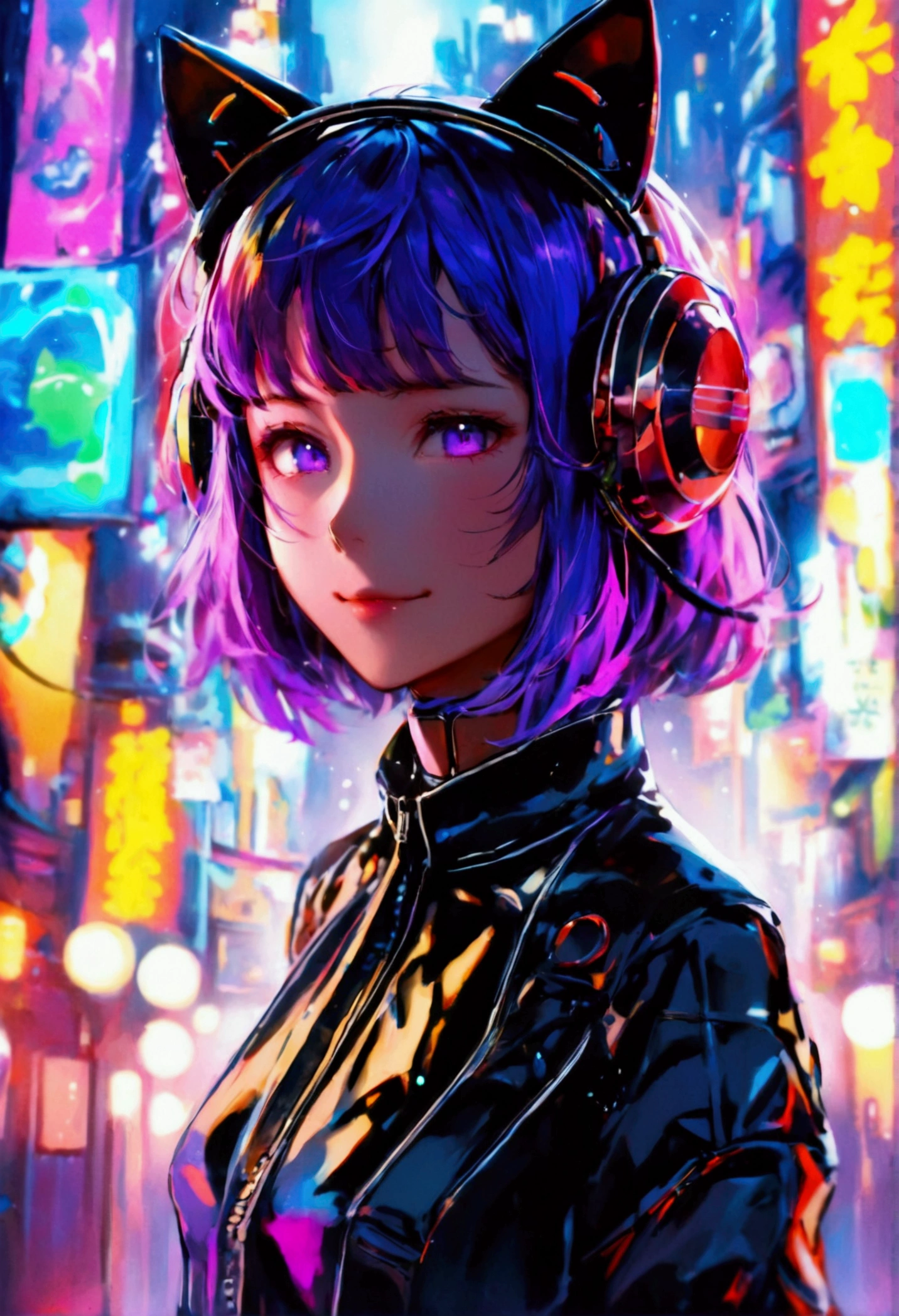 A cyberpunk-style girl of about 17 years old is standing in front of me.。Purple bob hair、Wearing cat ear headphones、Her black pilot suit-style outfit accentuates her figure.。With a proud smile、There is something cute about that expression, like a cat.。Her presence is overwhelming.、A background of the lights and shadows of a future city、She looks like the protagonist of a story.。The saturation is high、The screen is dark、Purple and blue are the main colors。