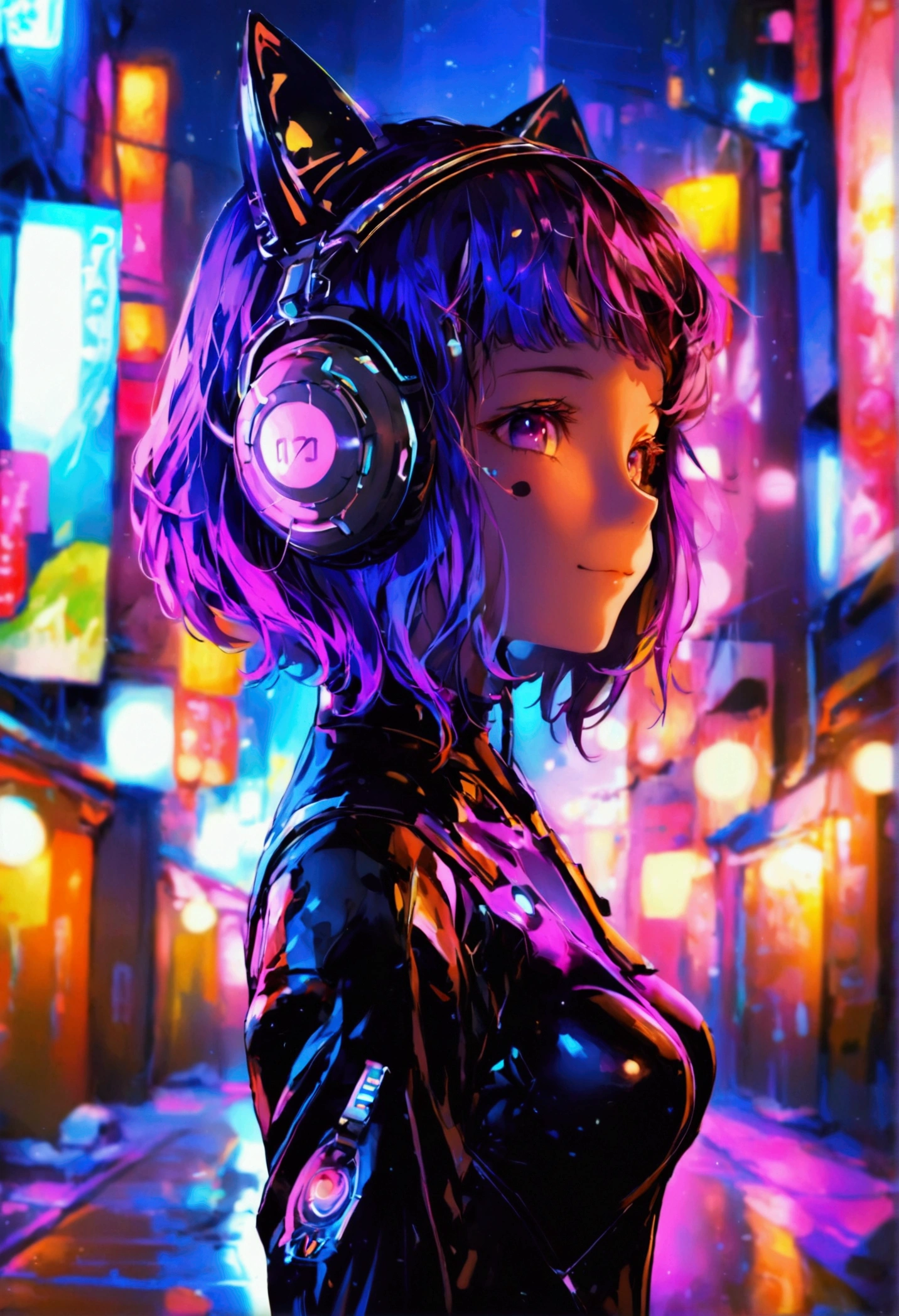 A cyberpunk-style girl of about is standing in front of me.。Purple bob hair、Wearing cat ear headphones、Her black pilot suit-style outfit accentuates her figure.。With a proud smile、There is something cute about that expression, like a cat.。Her presence is overwhelming.、A background of the lights and shadows of a future city、She looks like the protagonist of a story.。The saturation is high、The screen is dark、Purple and blue are the main colors。