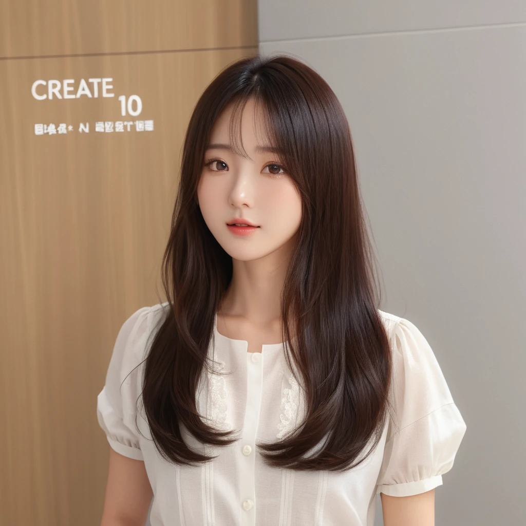 Best Quality, 8k, Masterpiece, (Portrait: 1.3), (photo realistic:1.4), (hyper realistic:1.4), Sharp Focus, looking at viewer, (smoother lighting:1.1), (increase cinematic lighting quality:0.9), realistic lighting, backlighting, light on face, ray trace, (brightening light:1.2), (Increase quality:1.4), sharp detail, (best quality real texture skin:1.4), finely detailed eyes, black_eyes, finely detailed face, 25 year old Korean woman, (white formal_shirt:1.4), (Create an image maintaining the original base model hairstyle:1.5)