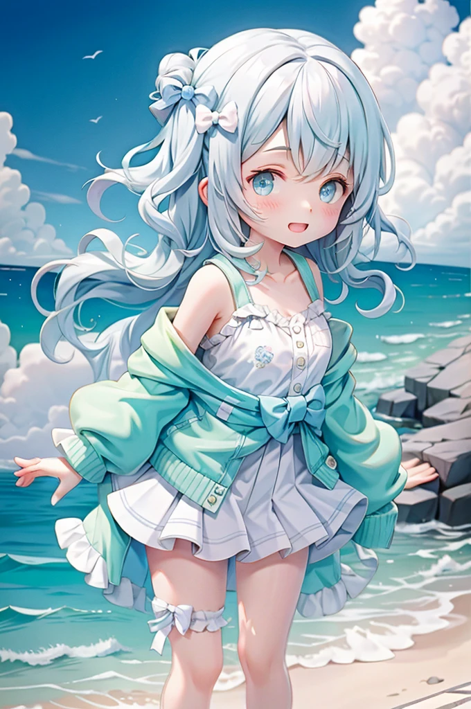 animated character girl standing on a beach with a clear blue sky and fluffy white clouds overhead. The sea is a vivid turquoise with gentle waves lapping onto the sandy shore. The character has fair skin and short, wavy blonde hair with a blue flower accessory on the side. Her eyes are a bright blue, and she is looking directly at the viewer with a subtle smile.
She wears a ruffled, white bikini with light blue ribbons and frills. The top has a tie-up detail at the center and thin straps over the shoulders. The character is playfully lifting the edges of a matching ruffled skirt, revealing bikini bottoms underneath with similar ribbon details on the sides. Her posture is relaxed yet playful, capturing a moment of carefree summer fun.