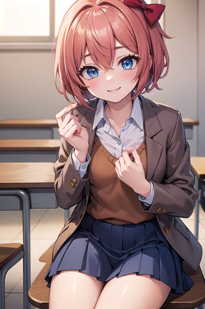 ddlcsayori, ddlcsayori, blue eyes, hair between eyes, hair bow, hair ornament, pink hair, red bow, short hair, (small ??????:1.2),
BREAK blue skirt, pleated skirt, , skirt, brown jacket, jacket,
BREAK looking and smiling at viewer,
BREAK indoors, classroom,
BREAK (masterpiece:1.2), best quality, high resolution, unity 8k wallpaper, (illustration:0.8), (beautiful detailed eyes:1.6), extremely detailed face, perfect lighting, extremely detailed CG, (perfect hands, perfect ???????),