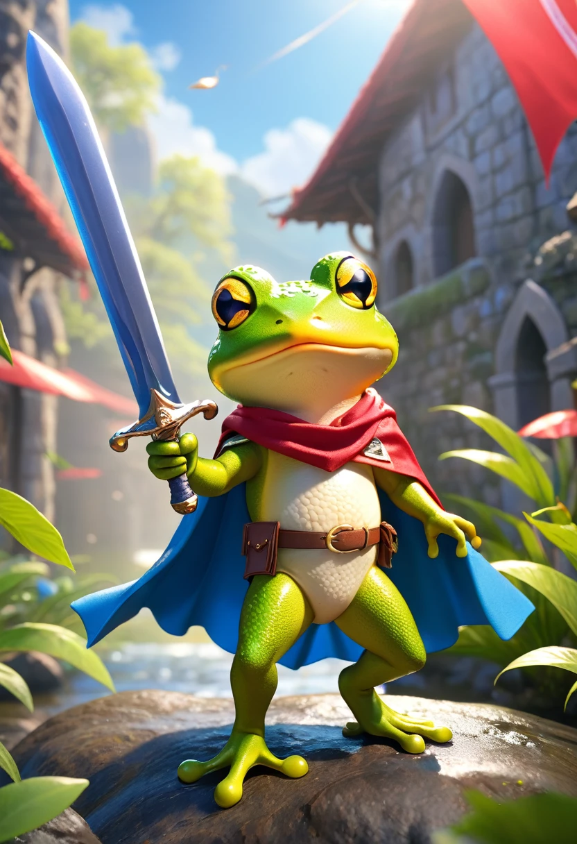 Esbian all over、Cool Frog、Pop Frog、Diorama、Simple Background、bandana、Holding a big sword in his hand、Brave、Cape、Best Quality, Capture the cutest moments, Depth of written boundary, Super detailed, Ultra-high resolution, Octadale, 8k, 16km race