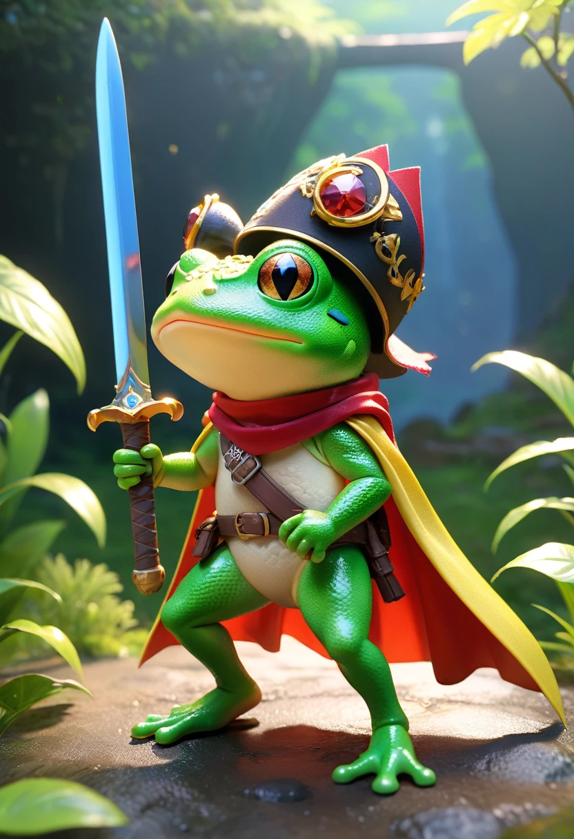 Esbian all over、Cool Frog、Pop Frog、Diorama、Simple Background、bandana、Holding a big sword in his hand、Brave、Cape、Best Quality, Capture the cutest moments, Depth of written boundary, Super detailed, Ultra-high resolution, Octadale, 8k, 16km race