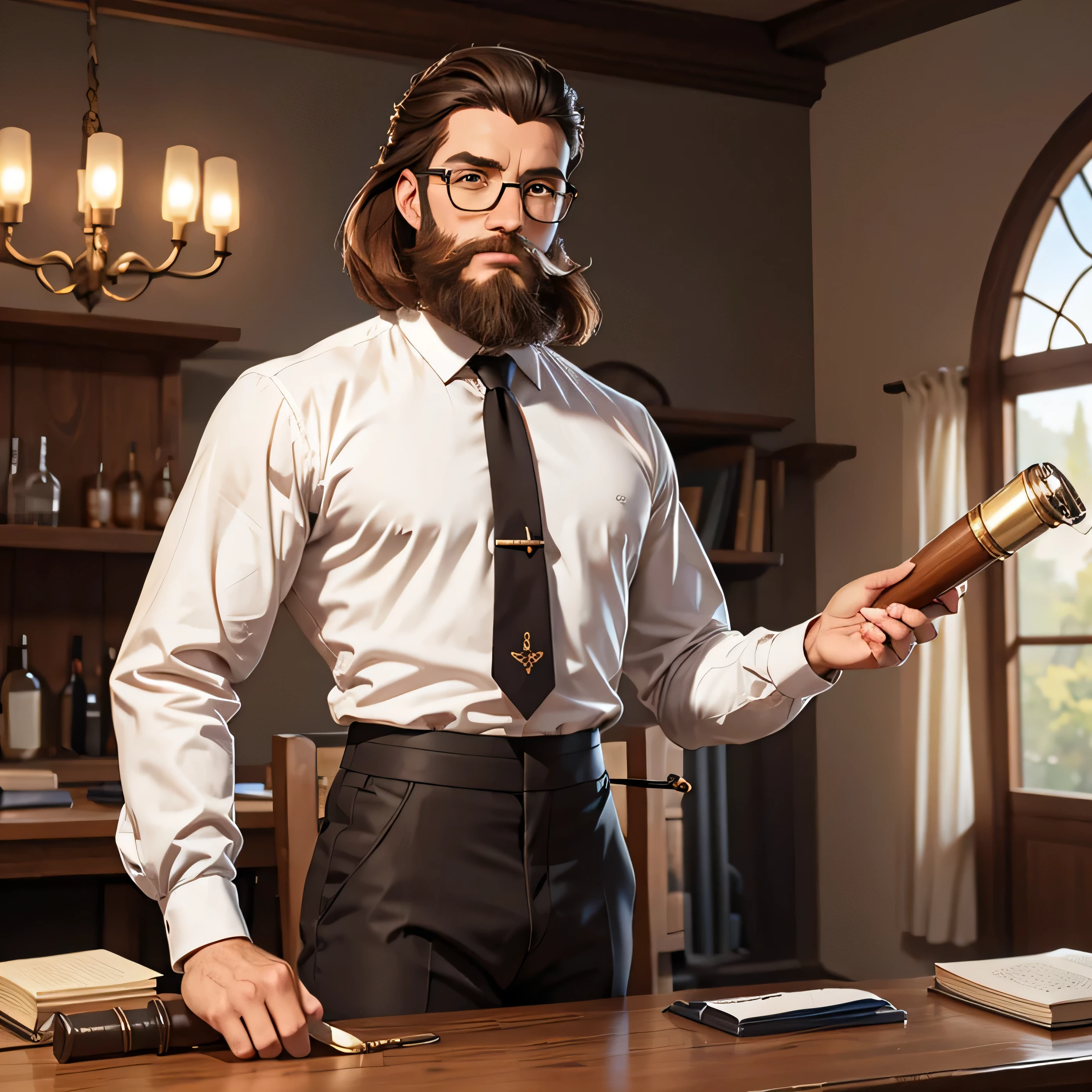 Homme aux cheveux mi-longs attachés avec une barbe de taille moyenne portant des lunettes et une blouse blanche assis à une table fumant une pipe