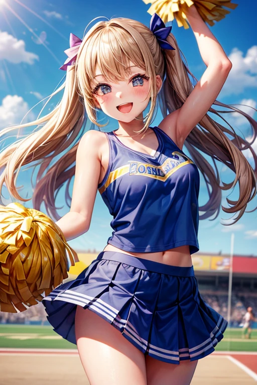 Cheerleader girl,One girl,cute,A big smile,Mouth wide open,I&#39;m rooting for you,Twin tails,Two Side Up,hair_Money,eye_green,Costume_green,blush,Cheerleader pom-poms in hand