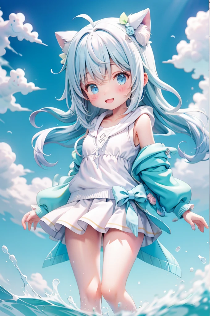 animated character girl standing on a beach with a clear blue sky and fluffy white clouds overhead. The sea is a vivid turquoise with gentle waves lapping onto the sandy shore. The character has fair skin and short, wavy blonde hair with a blue flower accessory on the side. Her eyes are a bright blue, and she is looking directly at the viewer with a subtle smile.

She wears a ruffled, white bikini with light blue ribbons and frills. The top has a tie-up detail at the center and thin straps over the shoulders. The character is playfully lifting the edges of a matching ruffled skirt, revealing bikini bottoms underneath with similar ribbon details on the sides. Her posture is relaxed yet playful, capturing a moment of carefree summer fun.