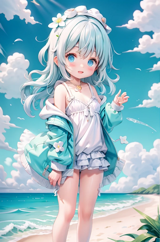 animated character girl standing on a beach with a clear blue sky and fluffy white clouds overhead. The sea is a vivid turquoise with gentle waves lapping onto the sandy shore. The character has fair skin and short, wavy blonde hair with a blue flower accessory on the side. Her eyes are a bright blue, and she is looking directly at the viewer with a subtle smile.

She wears a ruffled, white bikini with light blue ribbons and frills. The top has a tie-up detail at the center and thin straps over the shoulders. The character is playfully lifting the edges of a matching ruffled skirt, revealing bikini bottoms underneath with similar ribbon details on the sides. Her posture is relaxed yet playful, capturing a moment of carefree summer fun.