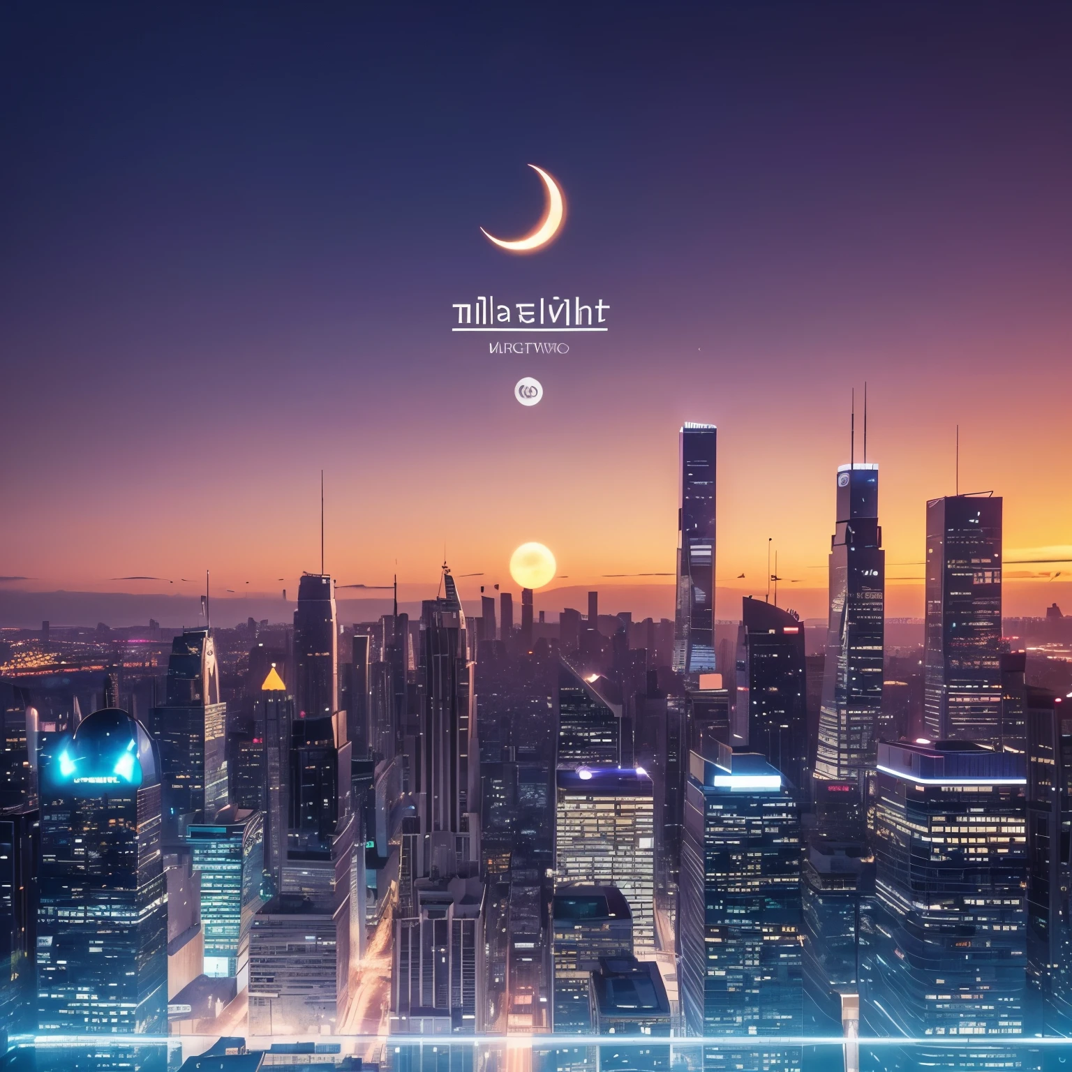 Create an image based on the provided cityscape at twilight. Maintain the overall composition with the following key elements:

A crescent moon in the upper part of the image, glowing against a deep purple sky.
A vibrant sunset sky transitioning from purple to orange near the horizon.
A detailed cityscape with illuminated skyscrapers and buildings.
The sun visible as an orange orb just above the horizon.

Important: Do not include any text or logos in the image. The area below the crescent moon should be clear of any writing, leaving only the sky visible.
Preserve the atmospheric lighting, color palette, and photorealistic style of the original image. Ensure the transition from day to night is seamless and the city lights are starting to twinkle in the twilight.