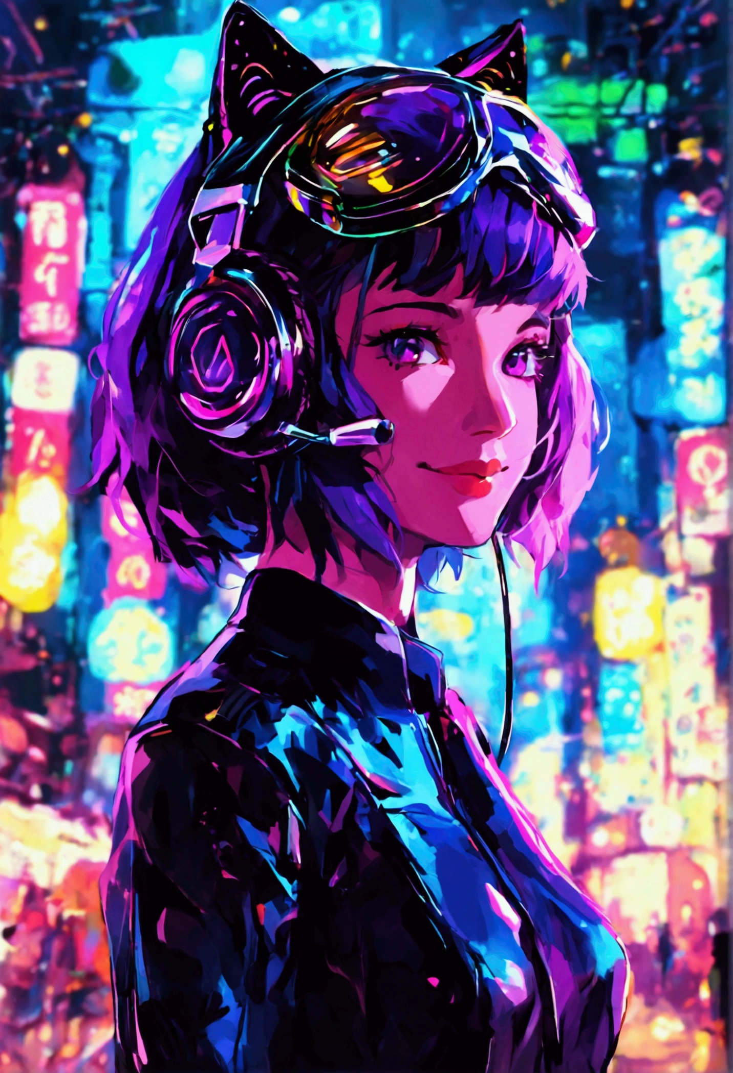 A cyberpunk-style girl of about 17 years old is standing in front of me.。Purple bob hair、Wearing cat ear headphones、Her black pilot suit-style outfit accentuates her figure.。With a proud smile、There is something cute about that expression, like a cat.。Her presence is overwhelming.、A background of the lights and shadows of a future city、She looks like the protagonist of a story.。The saturation is high、The screen is dark、Purple and blue are the main colors。