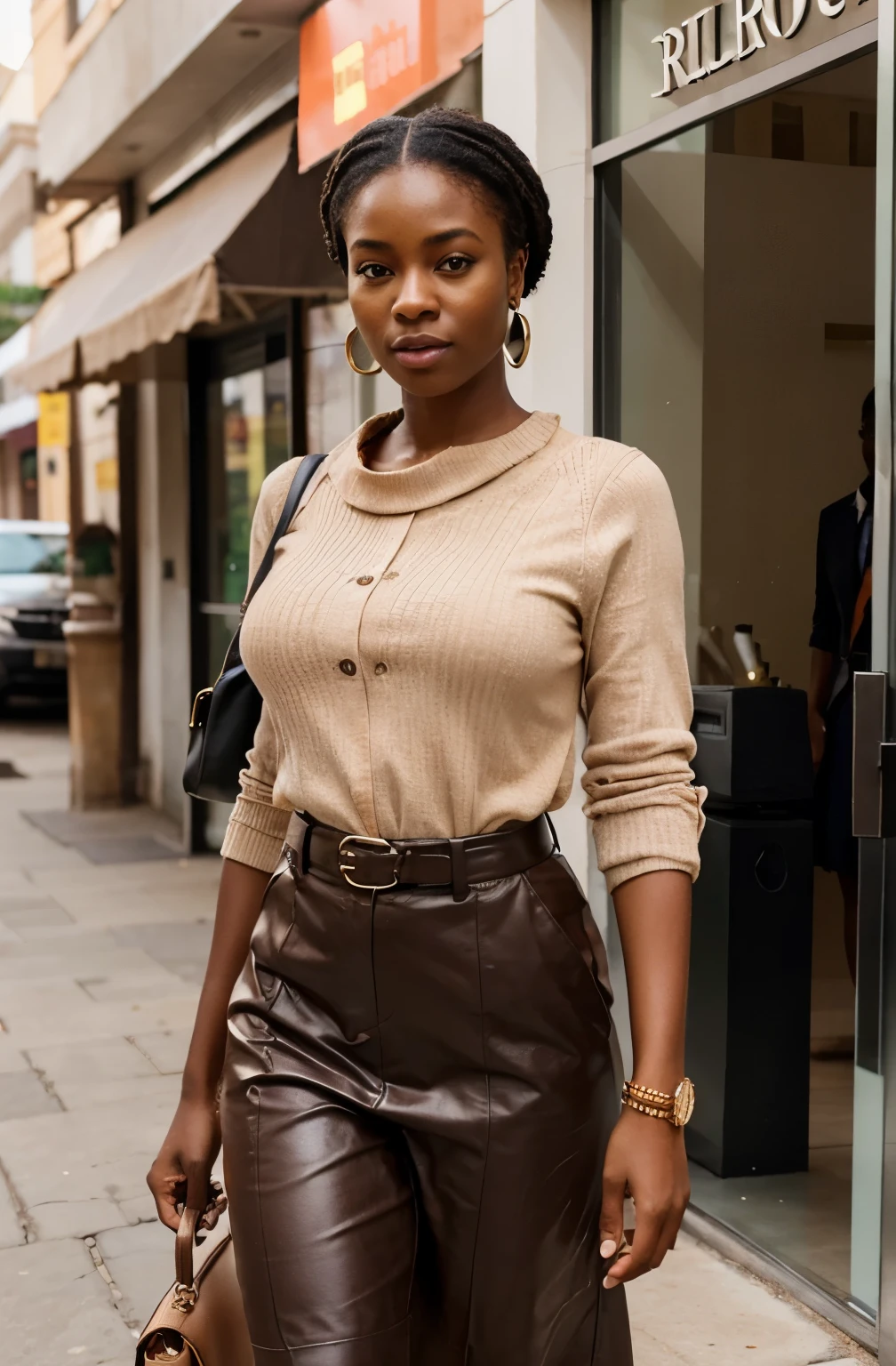 Create a realistic depiction of an African lady who is smartly dressed in modern clothes that are chic, flirty, sexy and respectable . Her outfit should prominently feature brown and peach . She should have a very thick build and appear realistic."