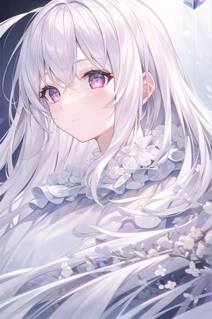 ((masterpiece, best quality))++, Detailed lighting+,  Detailed hair+, Detail hand+ ,1 girl, Miss, Long hair,   Crimson eyes,  beautiful eyes, young white hair,,(Beautiful white hair:1.5),(Beautiful and delicate eyes),  high resolution+,glass tint, Reflective eyes,   {{angle}} , Very detailed wallpaper, The original, Air bangs，Extremely beautiful CG，black worksuit，Firefly，Sea of Flowers