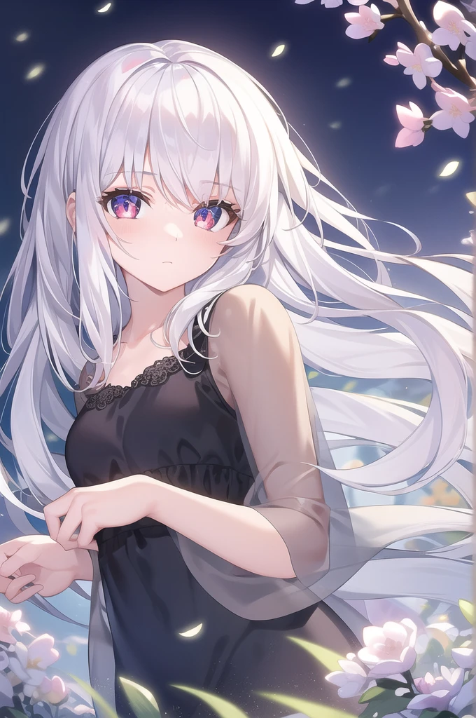 ((masterpiece, best quality))++, Detailed lighting+, Detailed hair+, Detail hand+ ,1 girl, Miss, Long hair, Crimson eyes, beautiful eyes, young white hair,,(Beautiful white hair:1.5),(Beautiful and delicate eyes), high resolution+,glass tint, Reflective eyes, {{angle}} , Very detailed wallpaper, The original, Air bangs,Extremely beautiful CG,black worksuit,Firefly,Sea of Flowers
