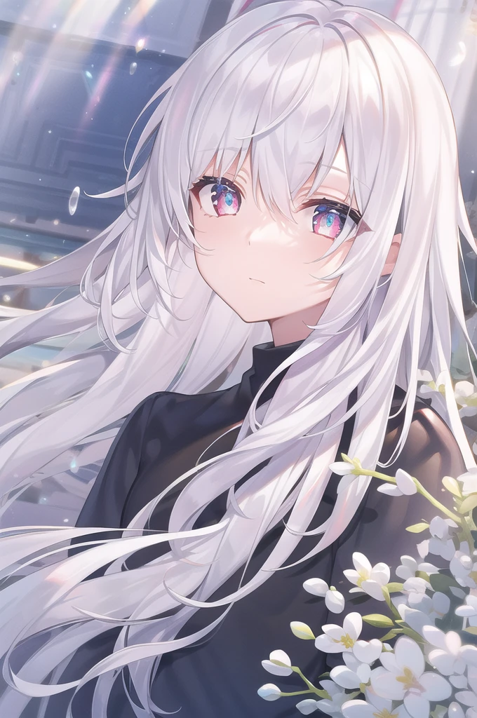 ((masterpiece, best quality))++, Detailed lighting+, Detailed hair+, Detail hand+ ,1 girl, Miss, Long hair, Crimson eyes, beautiful eyes, young white hair,,(Beautiful white hair:1.5),(Beautiful and delicate eyes), high resolution+,glass tint, Reflective eyes, {{angle}} , Very detailed wallpaper, The original, Air bangs,Extremely beautiful CG,black worksuit,Firefly,Sea of Flowers