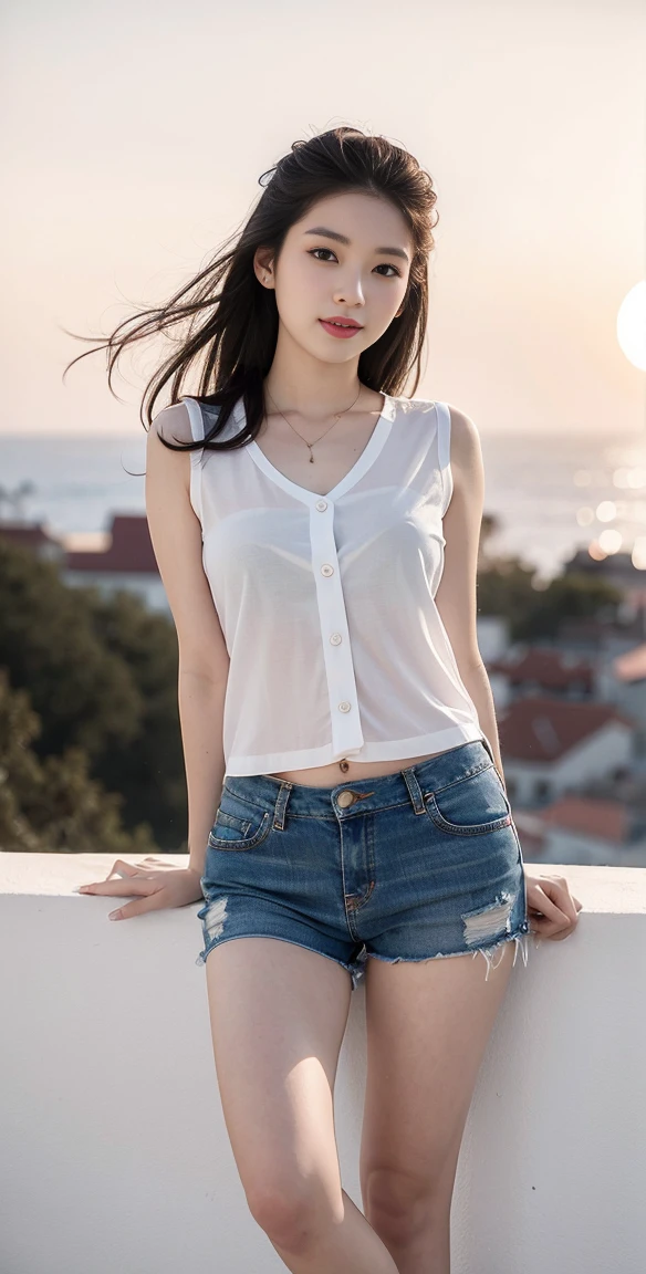 ulzzang-6500-v1.1, (RAW photos:1.2), (Photorealism), Beautiful and delicate girl, (real: 1.4), (Piece Fly), 1 girl, Photo model, Smile, Focus on your audience, Beautiful Lights, best quality, masterpiece, Ultra-high resolution, Practical, Black Hair, Short vest, shorts,Oval face, Perfect proportion、Perfect Anatomy、Perfect composition、Both eyes, Both eyes皮, Long eyebrows, Long eyelashes, A faint smile, super Practical stockings, Medium breasts, White skin,( Sunset background:1.4), full-body shot:1.2,