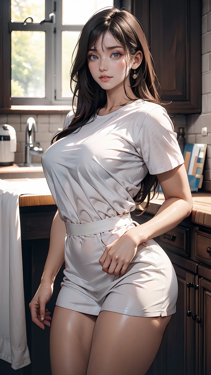 24-year-old female、Black Hair、Iris、Sexy proportions、Oversized shirt over naked body、too big、Exposed thighs、Boyfriend's room、blush、Looking up