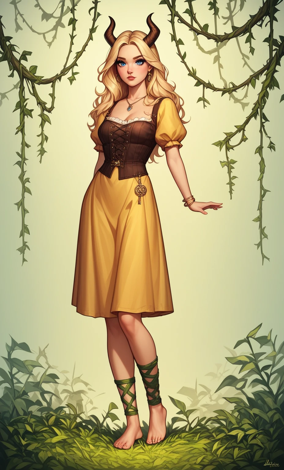 check_9, check_8_up, check_7_up, check_6_up, check_5_up, check_4_up, SorakaLoLXL, masterpiece, Best quality, A high resolution, bbandro, Yellow medieval summer girl, concept, the vines on the hand and the horns from the vine look at the viewer, full length, standing on my feet, legs wrapped in roots, dressed, blonde, Blue eyes