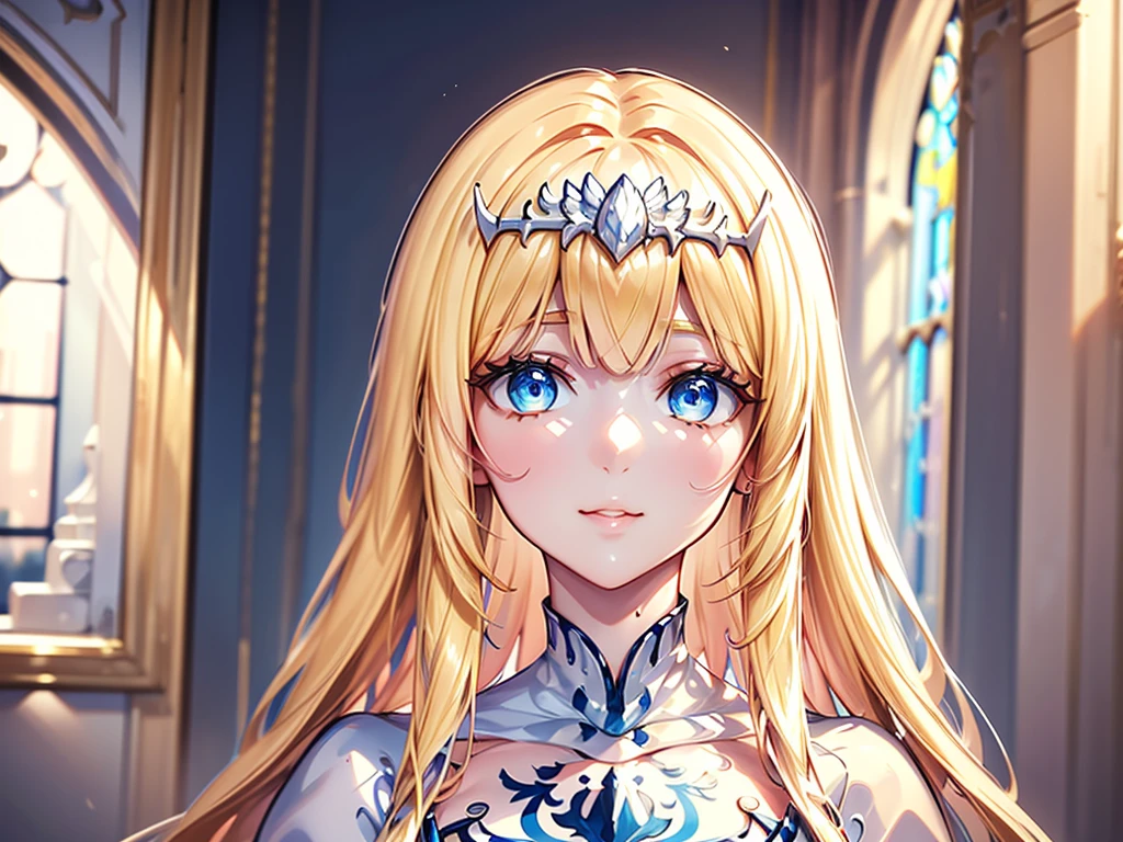 (best quality,4k,8k,highres,masterpiece:1.2),ultra-detailed,realistic,photorealistic:1.37,portraits,(lora:MorikuraEnStyle:1),beautiful detailed eyes,beautiful detailed lips,extremely detailed eyes and face,longeyelashes,medium:illustrations,serene,,peaceful background,feminine appearance,downcast eyes,smooth hair,gentle smile,candid portrait,soft lighting,clean lines,vibrant colors, 1girl,solo, calca, blonde hair, ,( extremely long hair), very long hair, extra long hair, white tiara, white dress, blue eyes,Calca Bessarez, medium breast,Calca, (upper body:1.2), in the cathedral, (full body:1.3), stained glass