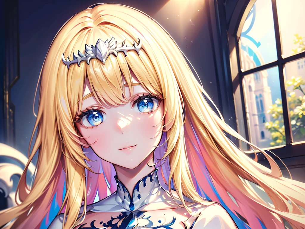 (best quality,4k,8k,highres,masterpiece:1.2),ultra-detailed,realistic,photorealistic:1.37,portraits,(lora:MorikuraEnStyle:1),beautiful detailed eyes,beautiful detailed lips,extremely detailed eyes and face,longeyelashes,medium:illustrations,serene,,peaceful background,feminine appearance,downcast eyes,smooth hair,gentle smile,candid portrait,soft lighting,clean lines,vibrant colors, 1girl,solo, calca, blonde hair, ,( extremely long hair), very long hair, extra long hair, white tiara, white dress, blue eyes,Calca Bessarez, medium breast,Calca, (upper body:1.2), in the cathedral, (full body:1.3), stained glass
