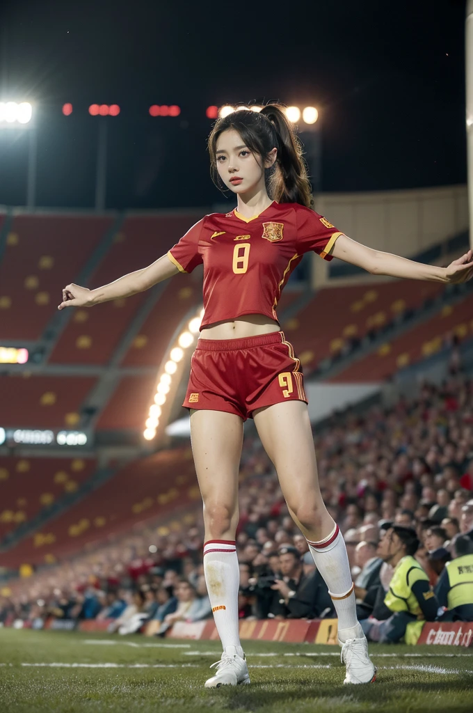 (((best quality))),(((ultra detailed))),(((masterpiece))),illustration,((1 beautiful girl,female footballer,solo)),((small breasts,flat chest)),((slim,thin)),summer night,stadium,crowded stands,enthusiastic spectators,football match,(short ponytail:1.2),(short sleeves:1.2),((Spain team kit,red shirt,blue shorts)),(slender legs:1.2),(football:1.3),fluid movements,powerful,sweat,forehead,exhaustion,passion for football,purposeful running,electric atmosphere,crowd roar,critical juncture,pressure,undeterred,floodlights,luminous glow,long shadows,drama,breathtaking sight,raw passion,unbridled energy,determination,skill,embodiment of sport's spirit,strength,resilience of human spirit,(standing:1.3),(arms behind back:1.2),((from front,full body))