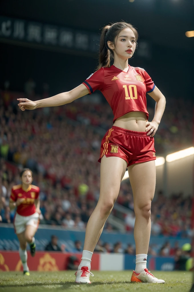 (((best quality))),(((ultra detailed))),(((masterpiece))),illustration,((1 beautiful girl,female footballer,solo)),((small breasts,flat chest)),((slim,thin)),summer night,stadium,crowded stands,enthusiastic spectators,football match,(short ponytail:1.2),(short sleeves:1.2),((Spain team kit,red shirt,blue shorts)),(slender legs:1.2),(football:1.3),fluid movements,powerful,sweat,forehead,exhaustion,passion for football,purposeful running,electric atmosphere,crowd roar,critical juncture,pressure,undeterred,floodlights,luminous glow,long shadows,drama,breathtaking sight,raw passion,unbridled energy,determination,skill,embodiment of sport's spirit,strength,resilience of human spirit,(standing:1.3),(arms behind back:1.2),((from front,full body))