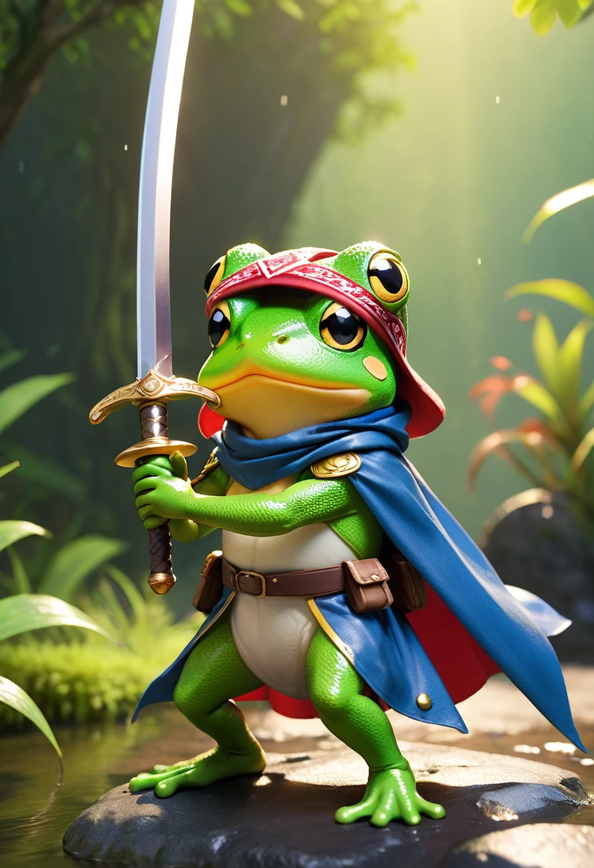 Esbian all over、Cool Frog、Pop Frog、Diorama、Simple Background、bandana、Holding a big sword in his hand、Brave、Cape、Best Quality, Capture the cutest moments, Depth of written boundary, Super detailed, Ultra-high resolution, Octadale, 8k, 16km race