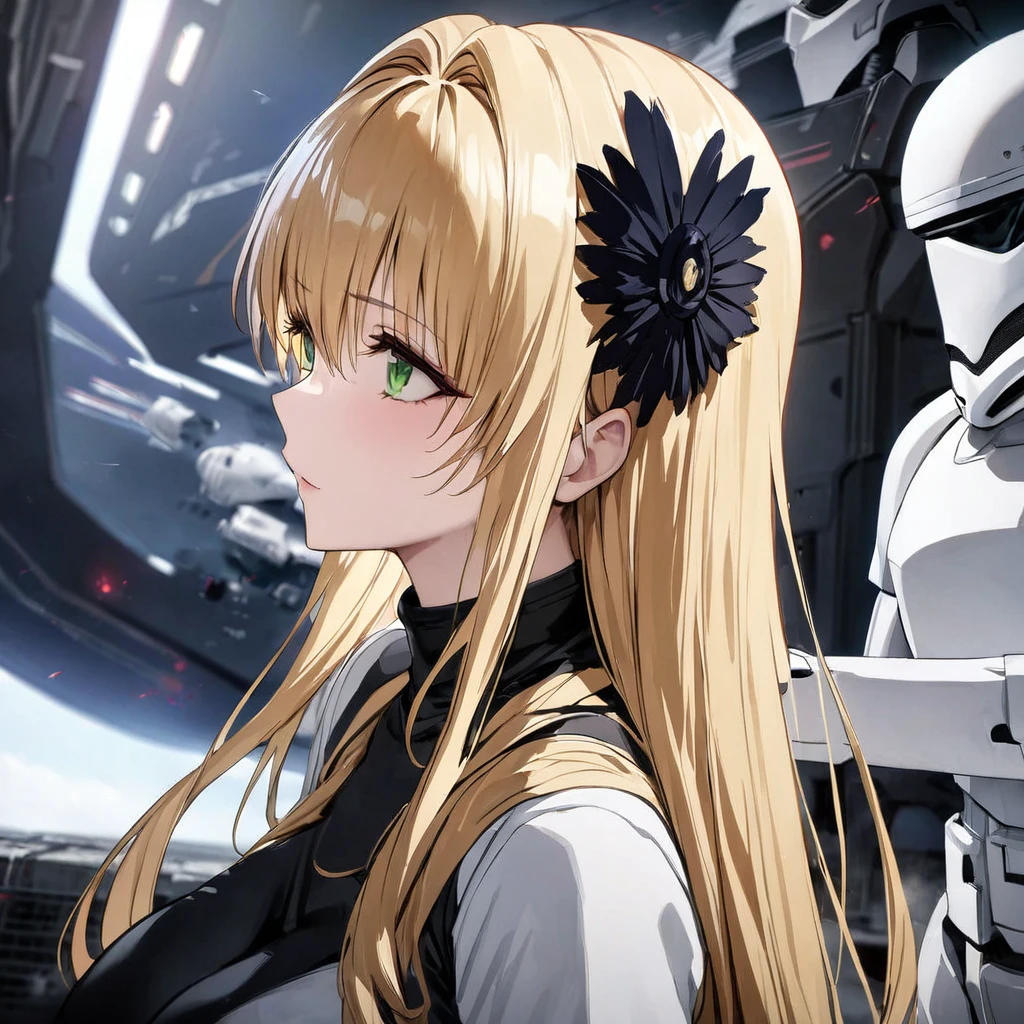 ((Highest quality)), ((masterpiece)), (detailed), （Perfect Face）、The woman is Tier, a beautiful comfort woman with green eyes and medium-long blonde hair who is lined up in order with other comfort women stormtroopers on an Imperial spaceship and serves Emperor Palpatine in allegiance.