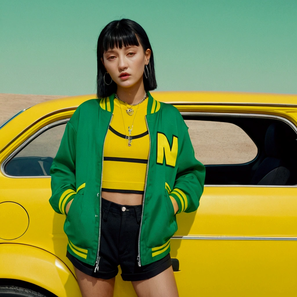 a korean woman standing next to a yellow car, isabela moner, patreon content, die antwoord style clothing, front, green and yellow tones, 1 4 4 p, mega details, streaming, open jacket, bella hadid, video by low quality, billie eilish, pretty top, front view