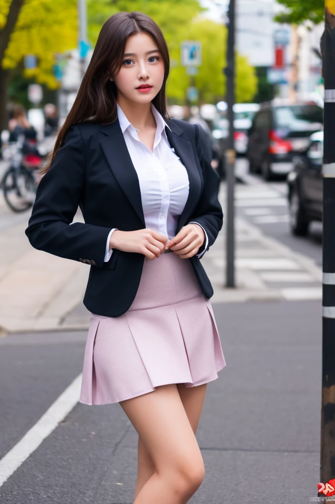 a 16 year old girl, she is the most beautiful actress in the world, the perfect body proportions of this girl with her large breasts, the formal shirt and the blazer are worn on her upper body, her crotch area of the panties between her bare legs are hardly hidden by the short skirt, only the front of her body is seen, she is standing straight at the street, nsfw, best quality, highly detailed, masterpiece, ultra high res, photo realistic, 8k, RAW photo