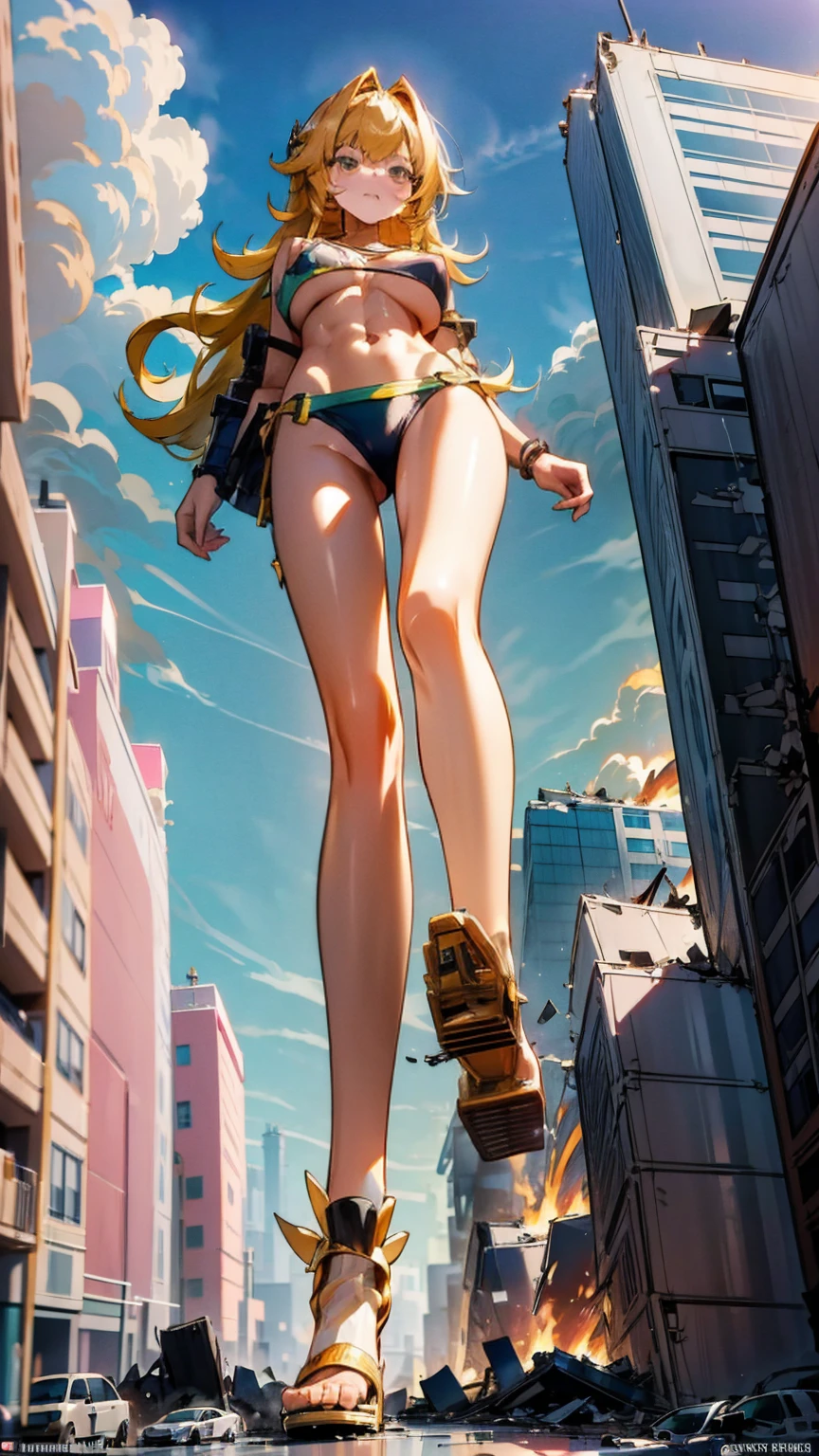 Giantess with small firm tits, long sexy legs, yellow hair and in a bikini walks around destroying the city at her feet while people run away from her to avoid being crushed to death. giantess, goddess, macrophilia, fetish, sexy legs, bikini, heels, high quality