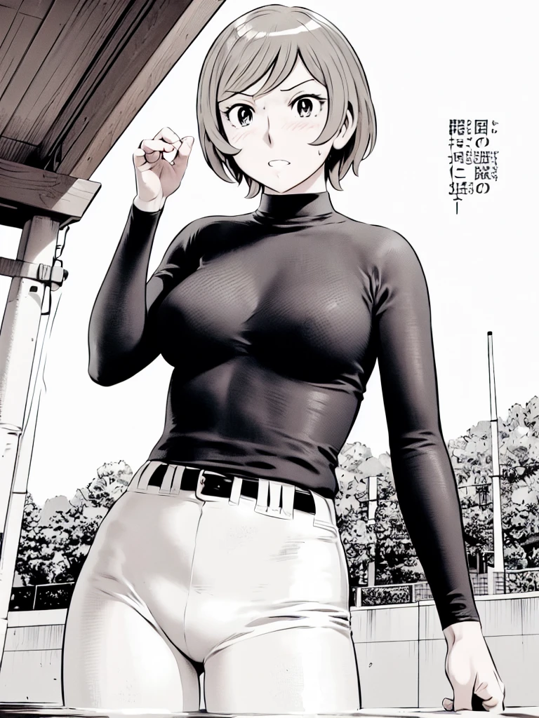 (野球uniform:1.2),
blonde, (short hair:1.2),Long sleeve, Black Shirt, turtleneck,White trousers、uniform、Black belt、((Illustration of people))、big 、Covered in mud、Soil stains、ドロドロのuniform、
View your viewers,, (Highest quality:1.3),One Girl, White pants、uniform、Outdoor、baseball ground、ground、soil、blue eyes、Tight black shirt、(masterpiece、Highest quality)、Highest quality, Ultra-high resolution, (((masterpiece))), alone, Sweat、big eyes、big Breasts、Torn clothes、 Fully exposed、Nipples、One Girl, Front view、Embarrassed face、Bronze colored hair、((short hair))、Stand up straight、Cowboy Shot