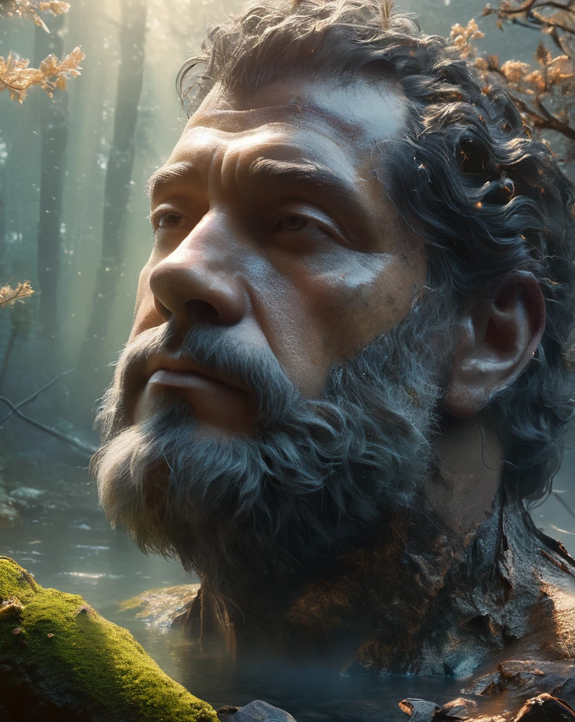 from above, bokeh, UHD, masterpiece, high details, high quality, award winning, best quality, highres, 16k,
(Looking up angle),Big Dumb Object,(Portrait of huge handsome man head sculpture collapsed in water:1.3),Great Wilderness,Dense fog,old,Dead branches,Art style of Philip Hodaatte of the human soul, realism ,BDO works by American digital artist Stuart Lippincott,Use advanced tones and shading,Creates a dazzling and mysterious light,The deep spatial pattern and mysterious atmosphere,Create a sci-fi mechanical god realm,Highlighting the insignificance of human beings,and fear of the unknown,minimalist art,fantasy,Surrealism,