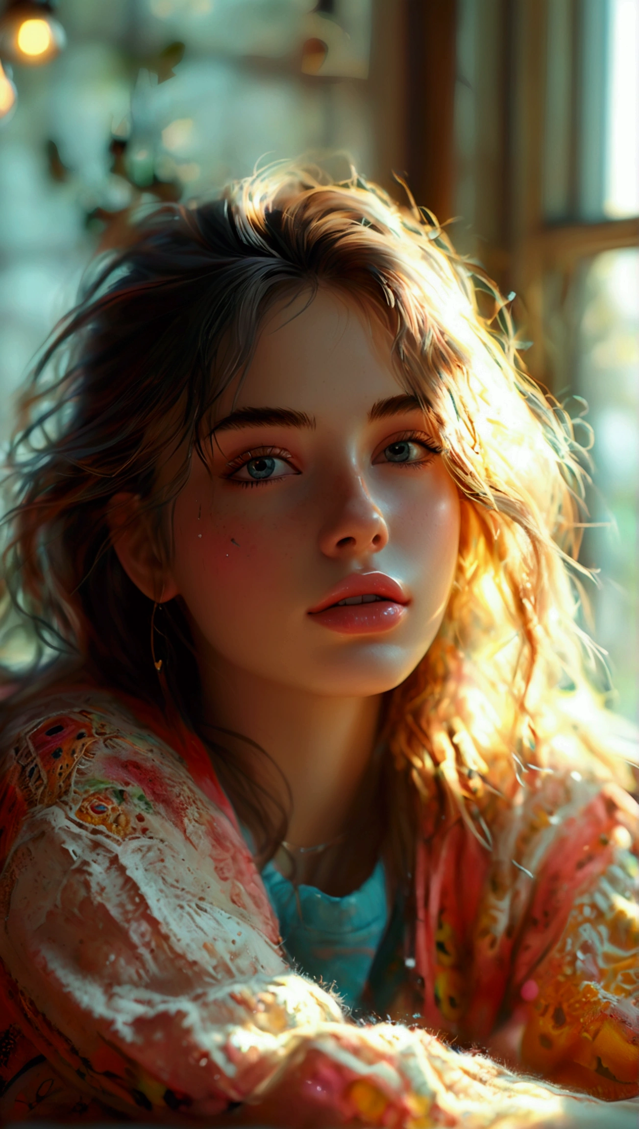 a beautiful e-girl, detailed face with beautiful eyes, lips, long eyelashes, messy hair, wearing colorful casual outfit, enjoying weekend in a cozy room, sunlight shining through the window, (best quality,4k,8k,highres,masterpiece:1.2),ultra-detailed,(realistic,photorealistic,photo-realistic:1.37),intricate details, soft lighting, warm color palette, beautiful composition