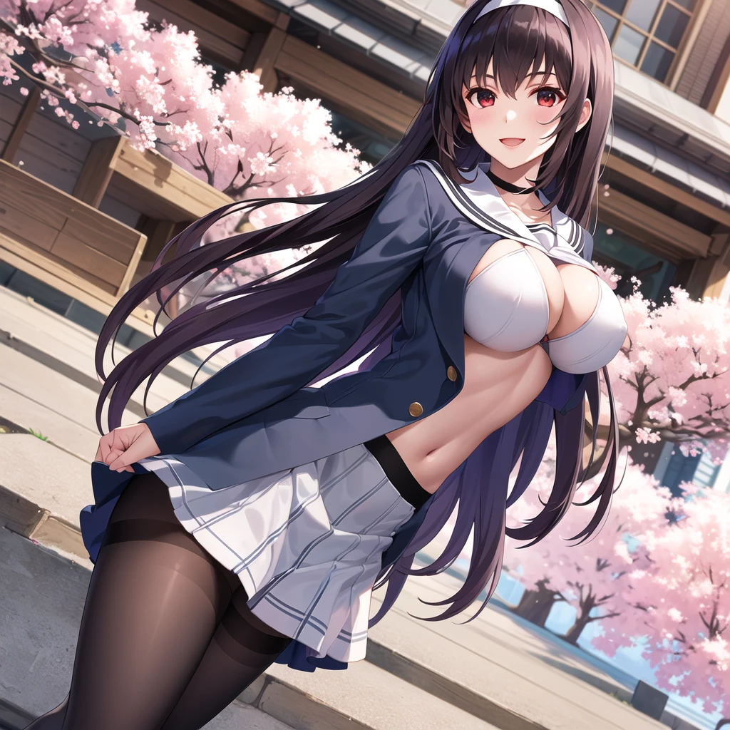 (((Pixel Perfect, Perfect in every detail,nsfw,,clothes lift,large breasts,light smile,dpubic hair,alon,solo focus,clothes lift,1 girl,black thigh-high socks))),masterpiece, highest quality, High resolution, morning, Long Hair, Black Hair, hair band, , Sailor collar, Blue Blazer, Long sleeve, Pleated skirt, Blue Skirt, Black Pantyhose, Put your arms behind your back, cherry blossoms, Outdoor, Are standing, Cowboy Shot, smile, Open your mouth, Leaning forward,