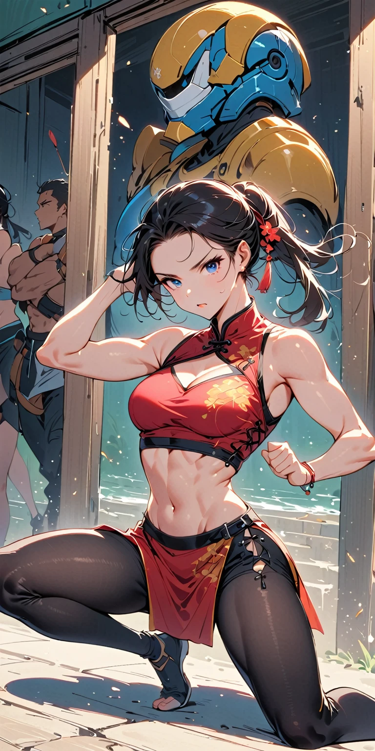 fit woman and doing a knee strike, six pack, no men in background , Chinese dress crop top, and leggings, full body portrait