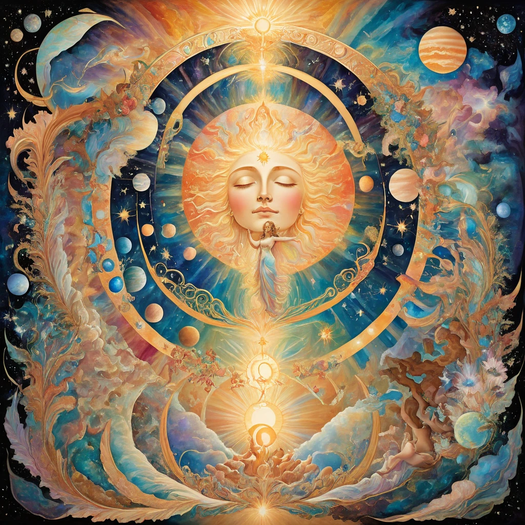 a vibrant celestial painting capturing transition of the venus from cozy nurturing elements into a dazzling sunlit stage filled with theatrical excitement