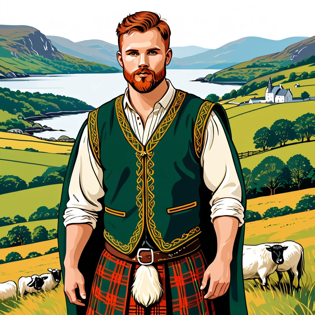 man in gaelic folk outfit, vector graphics, strong contours
