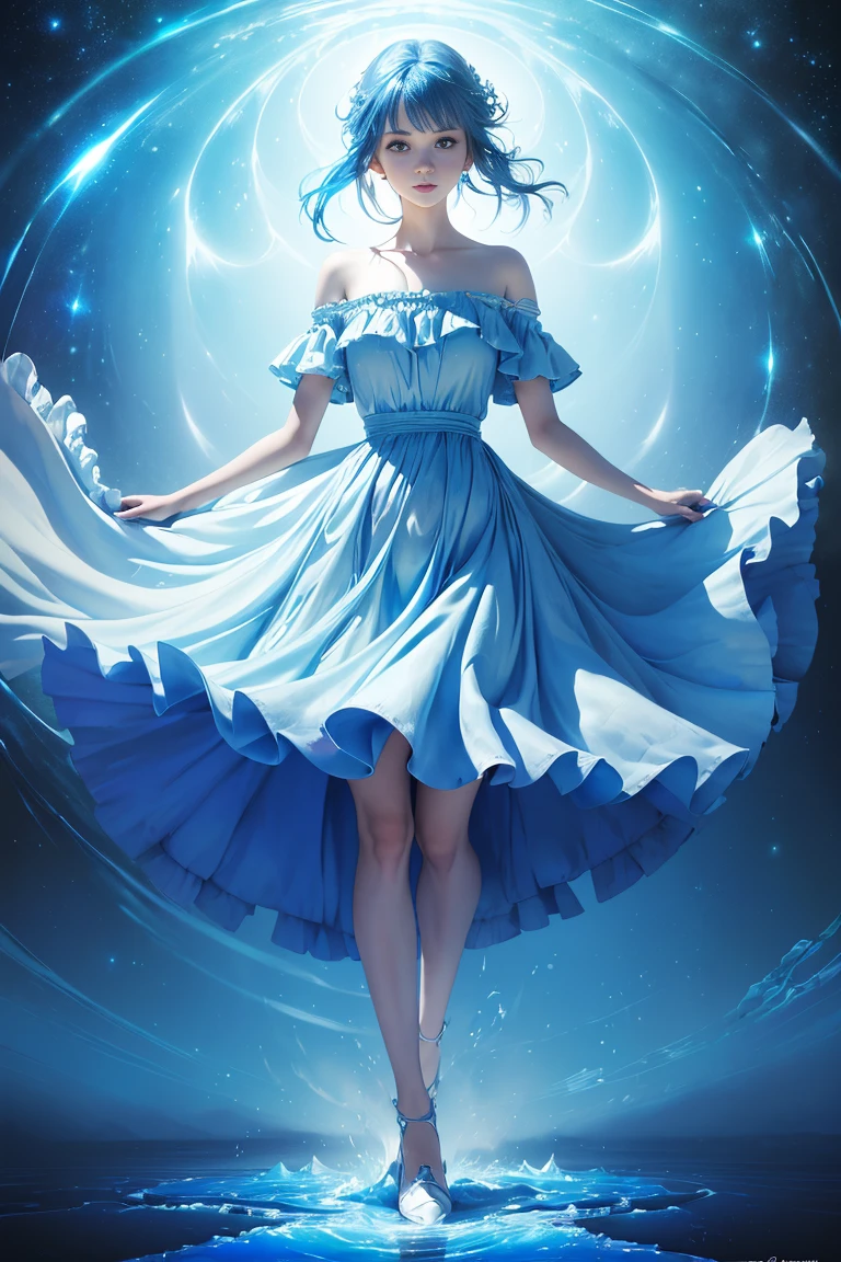 absurdres, highres, (official art, beautiful and aesthetic:1.2), (near vision:1.15), (1girl, blue hair, medium hair, blue eyes, bright eyes, long white dress, blue ruffle,:1.2) blue sky, Shimmering Galaxy, (Salar de Uyuni:1.2), (fractal art:0.8), water effects, ripple effects, (flower effects: 0.65), light effects,