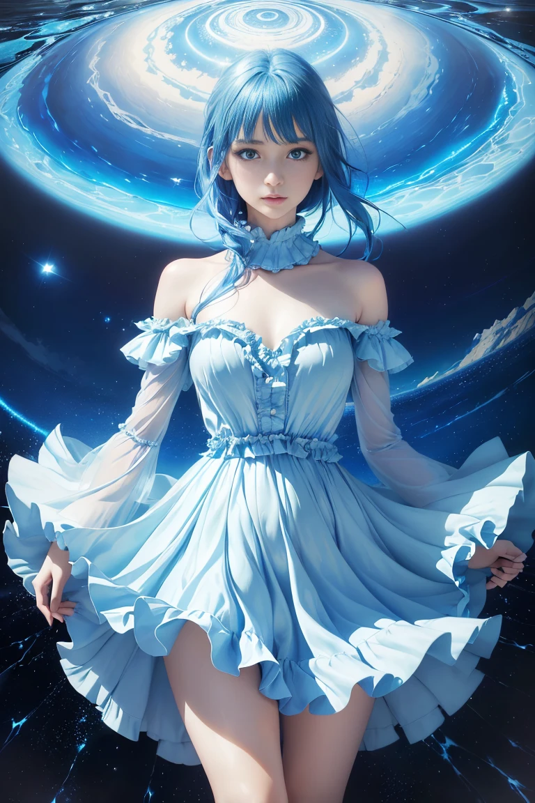absurdres, highres, (official art, beautiful and aesthetic:1.2), (near vision:1.15), (1girl, blue hair, medium hair, blue eyes, bright eyes, long white dress, blue ruffle,:1.2) blue sky, Shimmering Galaxy, (Salar de Uyuni:1.2), (fractal art:0.8), water effects, ripple effects, (flower effects: 0.65), light effects,