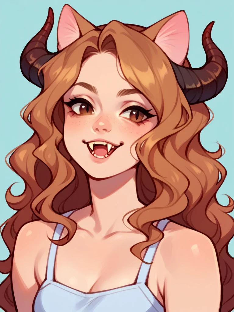 Half body, A pretty woman, long blond wavy hair, Brown eyes, Casual clothes, cat ears and tail, fangs, horns, sexy, 