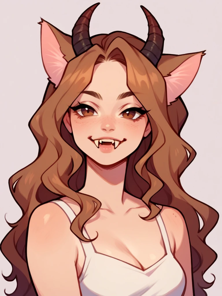 Half body, A pretty woman, long blond wavy hair, Brown eyes, Casual clothes, cat ears and tail, fangs, horns, sexy, 