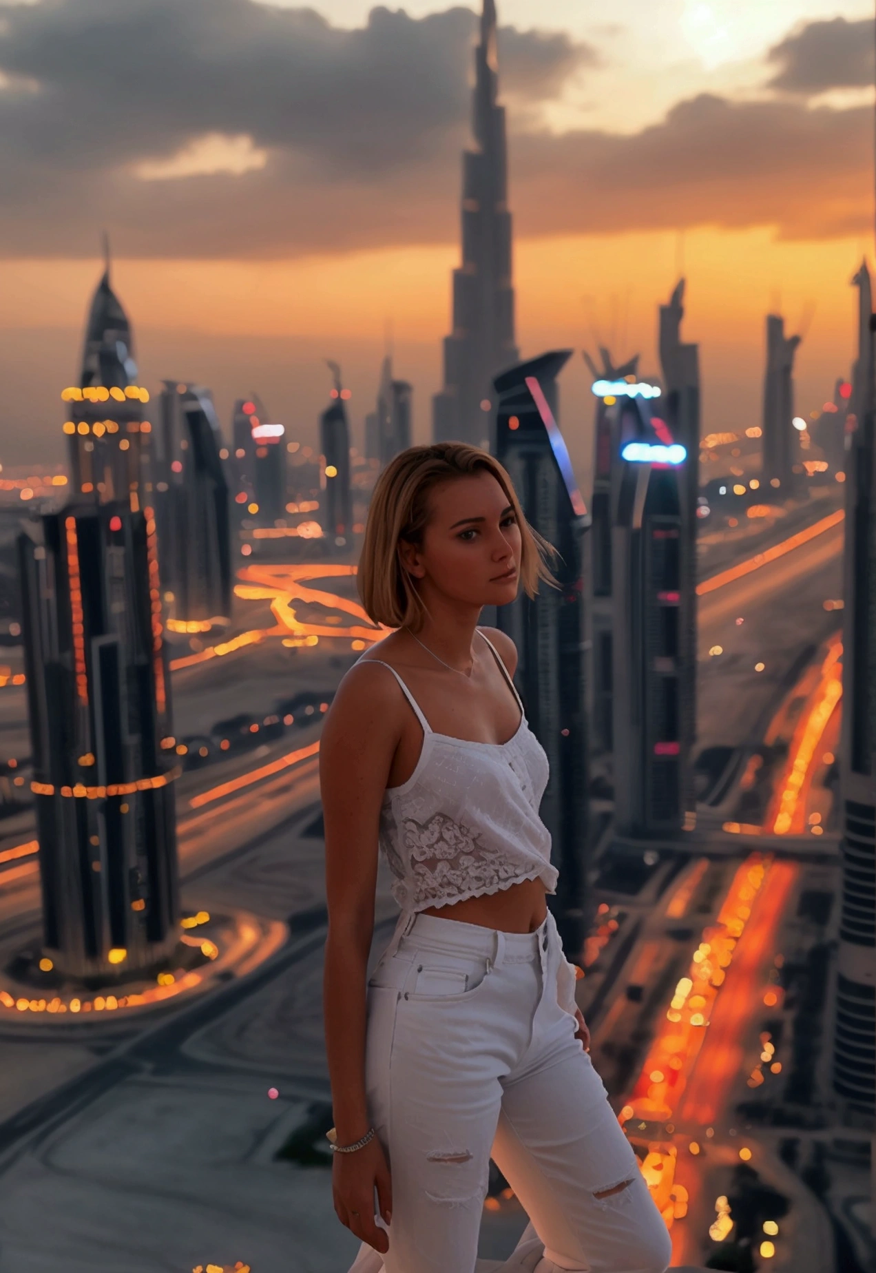 jessica, photo faite maison,granuleux,éclairage sombre, peau claire,photo amateur,(photo instagram), portant un débardeur blanc et un jean short, vus sur dubai au 50 étage d'une tour en arrière-plan,