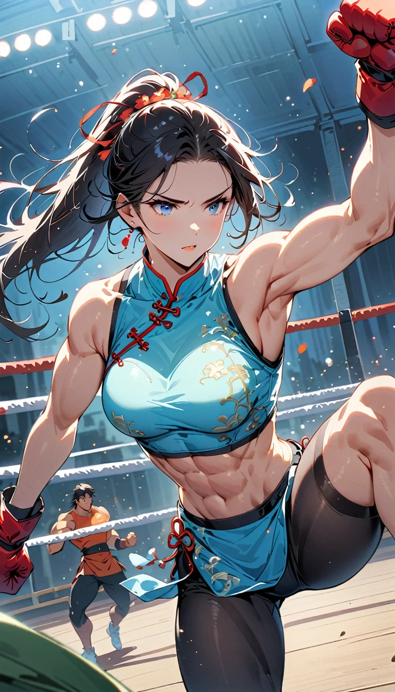 Boxing Match between muscular woman and doing a high kick, six pack, no men in background , Chinese dress,  and leggings ,portrait, empty dojo background 