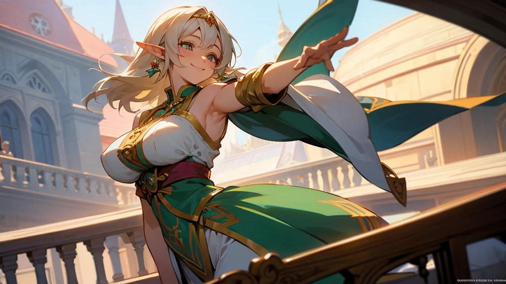 Anime Style,A detailed background with many people,Magical World,People on the balcony,Smiling Bard Elf,Mature Woman,Large Breasts,Protruding buttocks,Dirty armpits